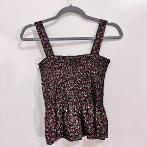 O/E Clothing Black Floral Smocked Top S Wide Strap Peplum Cottage-Core